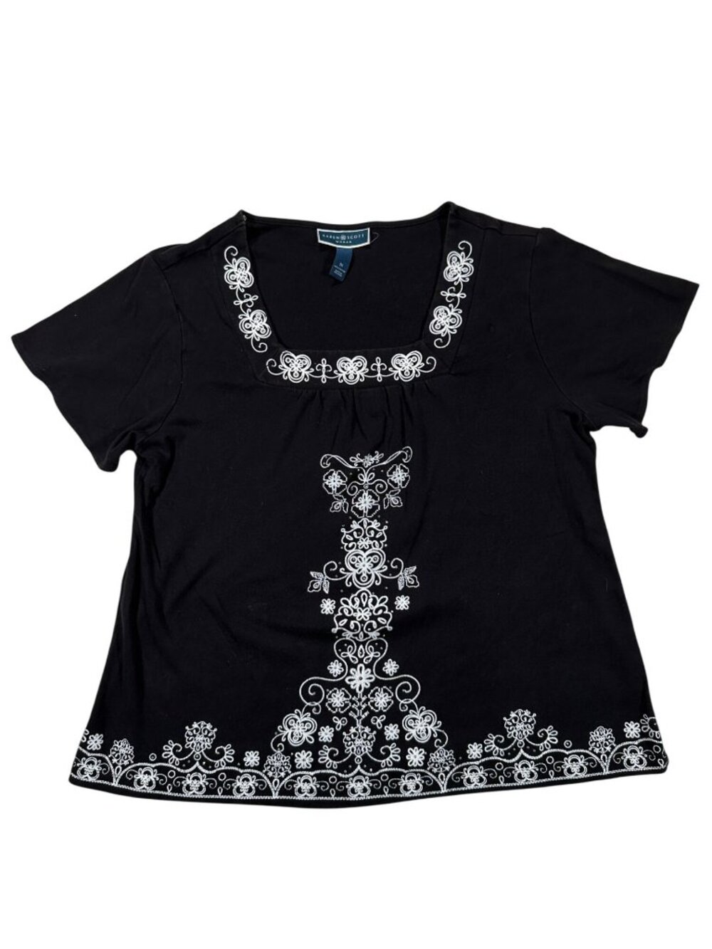 Karen Scott Womens Black & White Embroidered Top Size 1X Casual Short Sleeve